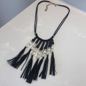 Chico’s Elegant Black and White Faux Pearl Beaded Tassel Necklace
